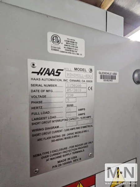 HAAS Mini Mill-EDU CNC Vertical Machining Center, 2018 - Low Hours