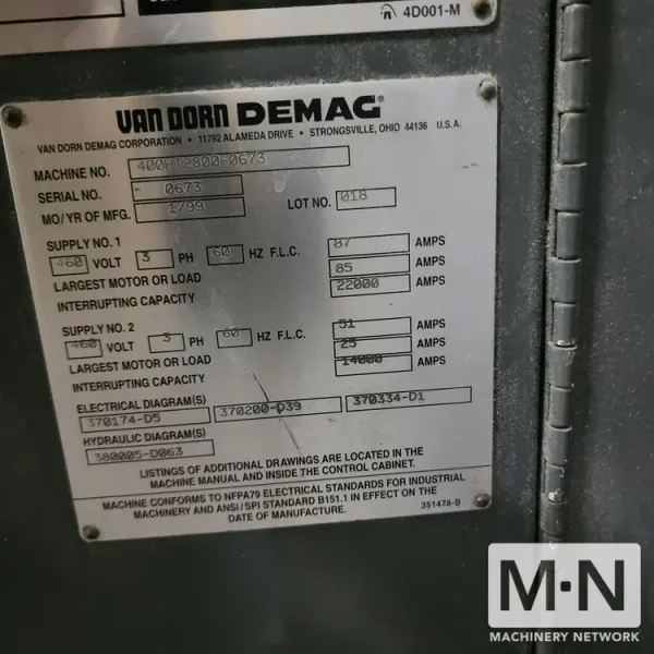 400 TON 59 OZ VAN DORN MODEL 400HT-2800 INJECTION MOLDING MACHINE MFG 1999