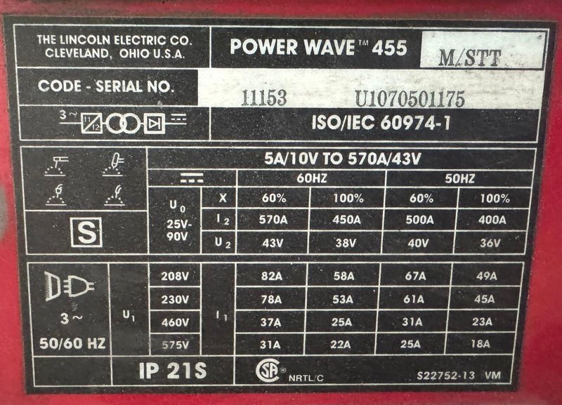 450 Amp Lincoln Welder Power Wave 455M/STT, 10M Dual Feeder, Cart