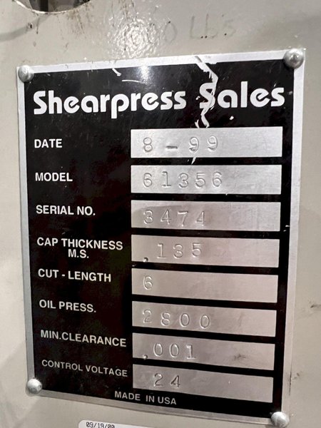 6&#039; X .135&quot; ACCURSHEAR MODEL #61356 HYDRAULIC POWER SQUARING SHEAR: STOCK #22035