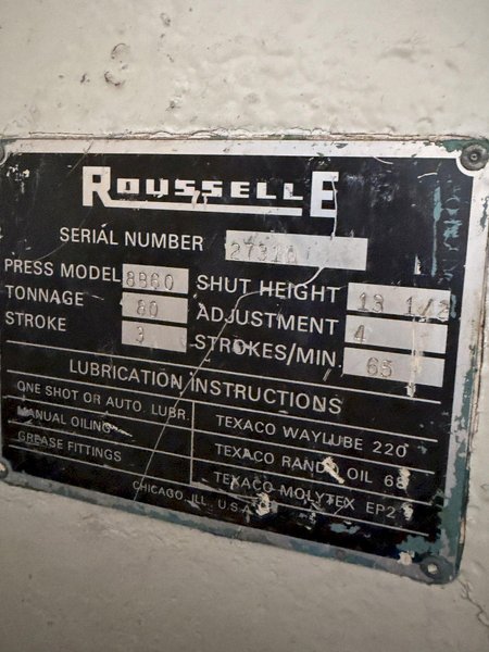 80 TON ROUSSELLE 8B60 STRAIGHT SIDE MECHANICAL PRESS. STOCK # 0759526