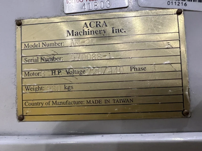 2 HP ACRA MODEL #AM-2V VERTICAL KNEE MILL: STOCK # 4143