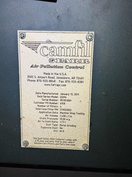 1,400 CFM FARR CAMFILL MODEL #GSM4 DUST COLLECTOR: YOBRO #24726