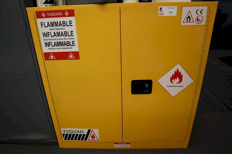 Yuquan 2 Door Locking Flammable Cabinet with Adjustable Shelves and Contents of Chemicals, Paint, Cleaners- Auction Item