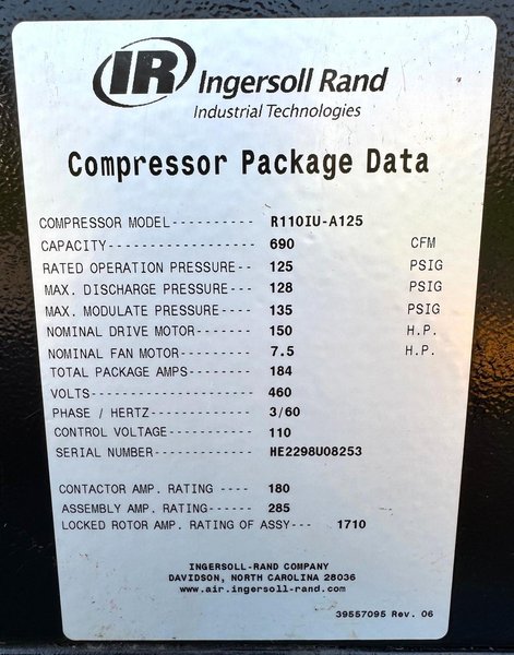 150 HP Ingersoll Rand Rotary Air Compressor, 690 CFM, 125 PSI