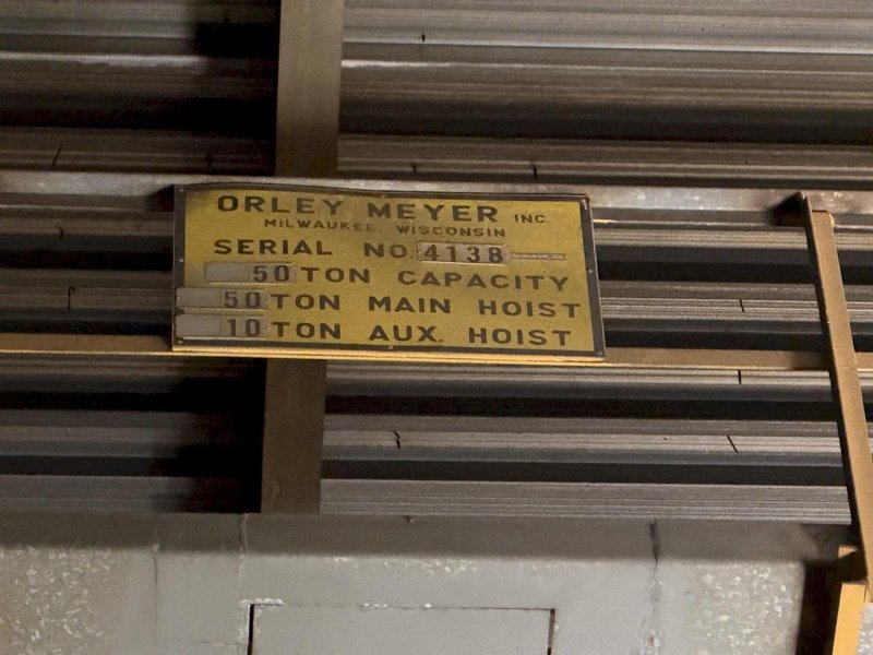50/10 TON  X 68' SPAN ORLEY MEYER DOUBLE GIRDER OVERHEAD BRIDGE CRANE. STOCK # 0757426