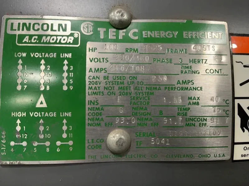 Lincoln Electric 100 Hp Motor