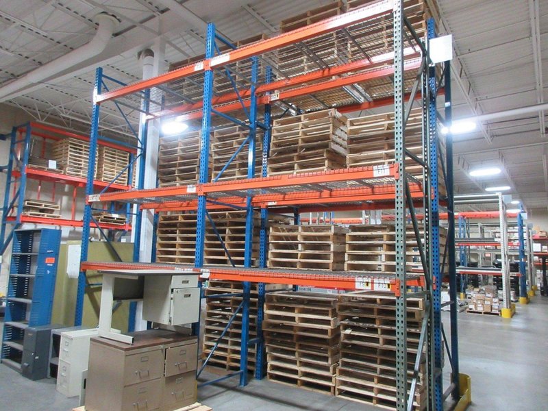 Pallet Racking Back to Back,  Teardrop Style (8) 16'x42" Uprights, (12) 8' Shelves with Wire Decking, *No Contents*- Auction Item