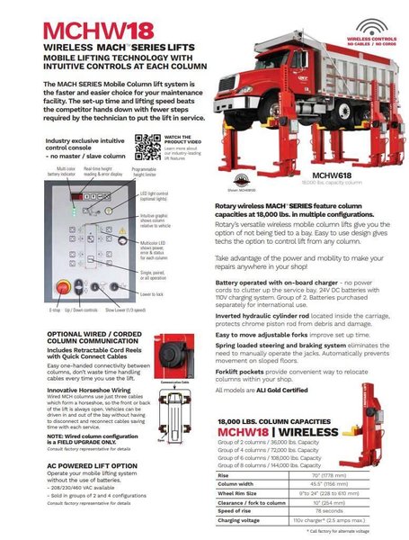 (4) 18,000 LBS ROTARY LIFT MODEL #MCH418U100 WIRELESS BATTERY VEHICLE COLUMN JACK LIFTS: STOCK #23488
