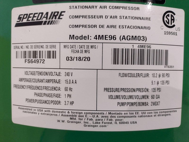 3.7 HP SPEED MODEL #4ME96 VERTICAL AIR COMPRESSOR: STOCK #20148