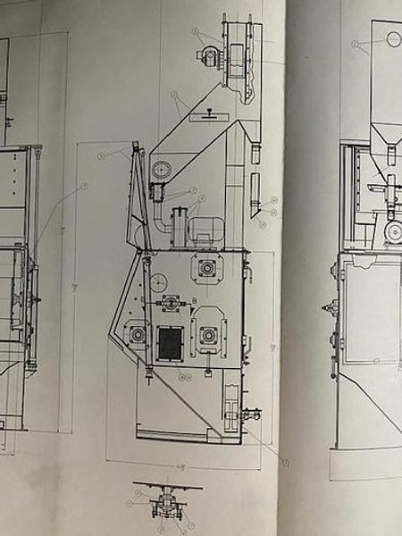 2012 DeLong 7 super rubber belt tumblast machine rated at 7 cu ft capacity, 20hp direct drive shot wheel, very good condition