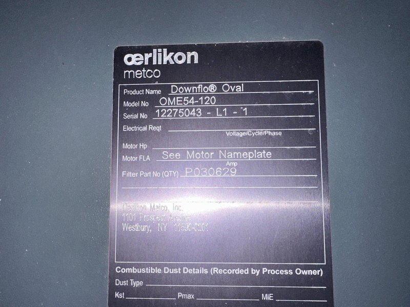 OERLIKON METCO OME-0 THERMAL SPRAY DUST COLLECTOR: STOCK #78152