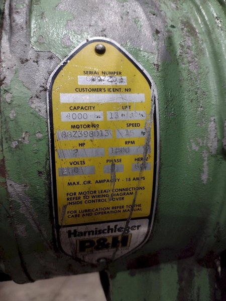 2 TON P&amp;H POWERED CABLE HOIST, WITH ROLLING TROLLEY: YOBRO #25083