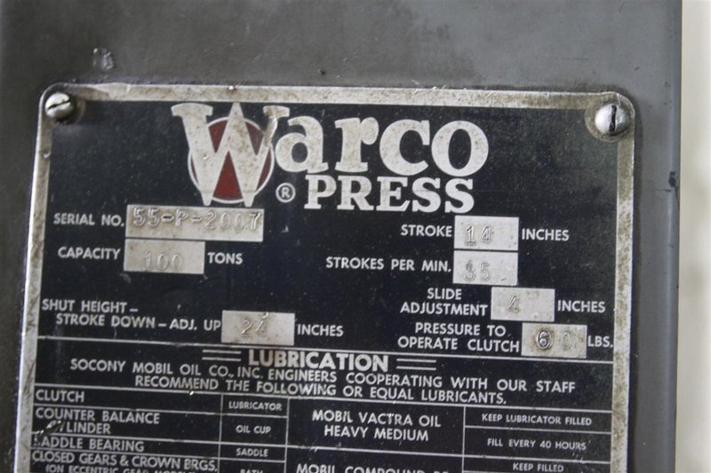 100 TON WARCO GAP FRAME PRESS: STOCK #50287