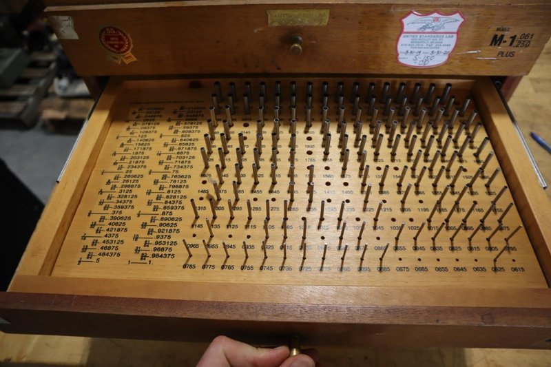 Meyer Pin / Plug Gages in Wood Cabinet: M1 Plus, M15 Plus, M2 Plus, M-25 PLus- Auction Item