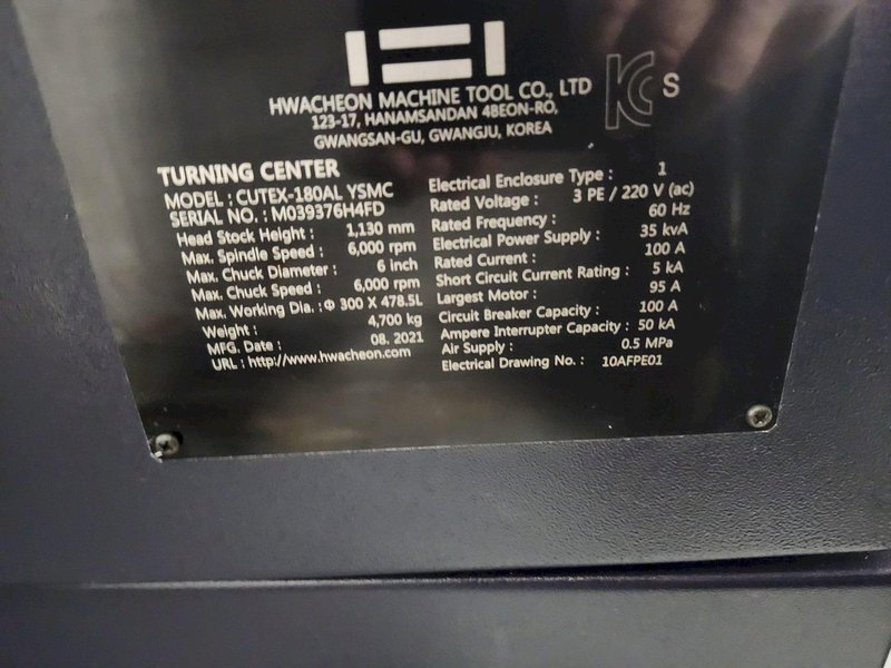 Hwacheon CUTEX-180 YSMC CNC Turning Center, 6000 RPM, Live Tooling, 3-Jaw Chuck, 12 Pos. Turret, Fanuc, Imeca Bar Feeder, New 2021
