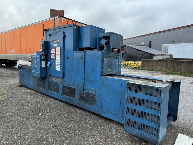 Grieve model belt conveyor core oven rated at 200 degree f, 460 volt, 20 kw, s/n 650167, 232" center belt, 15" tall opening, 24" belt, 1.16 ft/min.