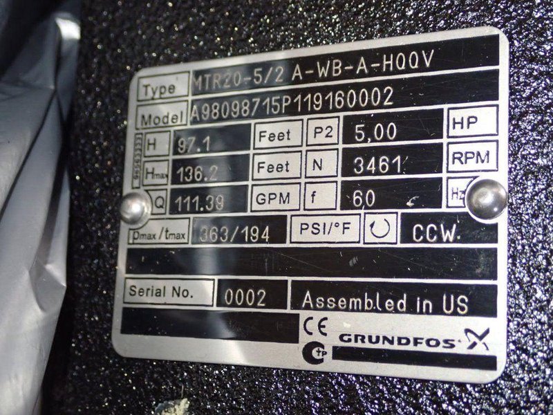 GRUNDFOS 3.7 KW MULTI STAGE PUMP  -  MTR20-5/2 A-WB-A-HQQV