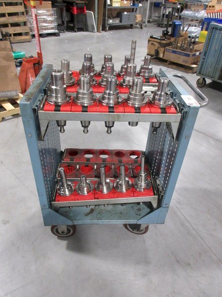Lista Rolling Tool Cart with Adjustable Shelves, (29) CAT50 Pockets and (18) Erickson CAT50 Hydraulic Tool Holders- Auction Item