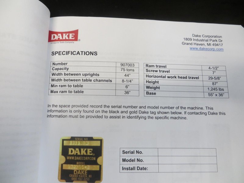 Dake 75H Hand Operated Hydraulic H-Frame Shop Press, 75 Ton,- Auction Item