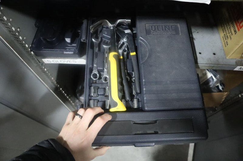 Metal 2 Door Storage Cabinet with Contents of Work Gloves, Box Stapler and Hand Tools- Auction Item