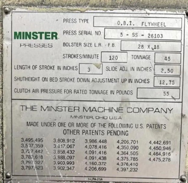 45 TON MINSTER MODEL #5 OBI STAMPING PRESS 3" STROKE : YOBRO #25762