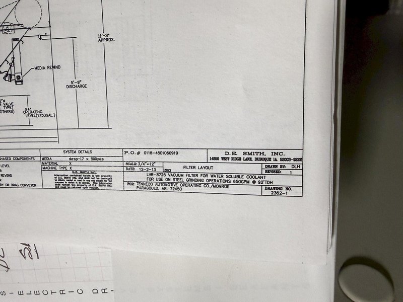650 GPM D.E. SMITH MODEL #LVR-8725 VACUUM FILTER SYSTEM FOR GRINDING OPERATIONS, NEW 2013: YOBRO #24306