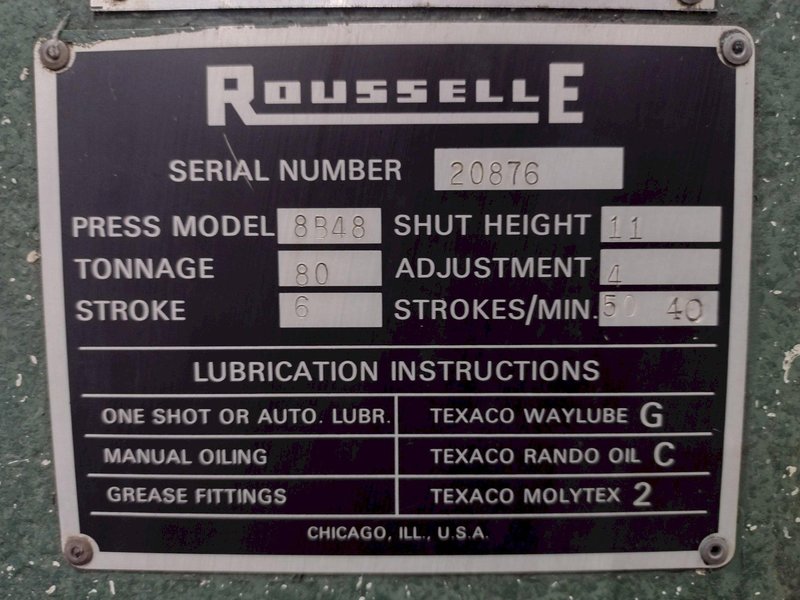 80 TON ROUSSELLE MODEL #8B-48 GAP FRAME PUNCH STAMPING PRESS, 6" STROKE: STOCK #20727