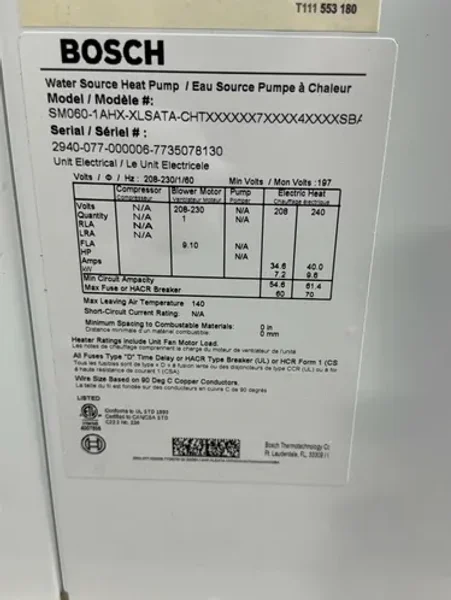 BOSCH WATER SOURCE HEAT PUMP   -  SM060-1AHX-XLSATA-CHTX