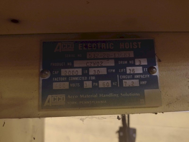 2000 LBS X 36' LIFT ACCO WRIGHT POWERED CABLE HOIST WITH POWERED TROLLEY : STOCK #14984