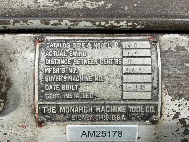 THE MONARCH MACHINE TOOL CO. 16.5”X30” LATHE  -  14”C