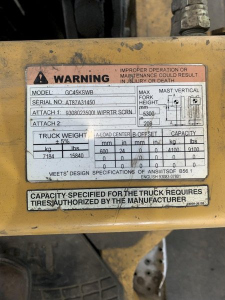 10,000 LB CATERPILLAR GC45KSWB FORKLIFT. STOCK #0890724.