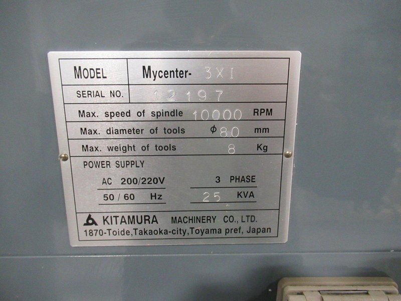 Kitamura 3Xi CNC Vertical Machining Center, 29.92" x 17.91" x 18.11", CT40, 10k RPM, 30 ATC, Fanuc 16i-M- Auction Item