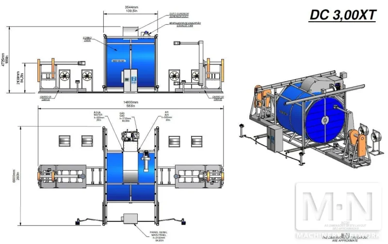 2 ARM ROTOLINE MODEL DC3.00XT ROTATIONAL MOLDING MACHINE MFG 2000