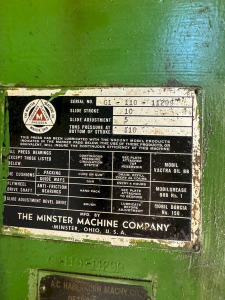 110 TON MINSTER G110 GAP FRAME PRESS. STOCK # 0683024