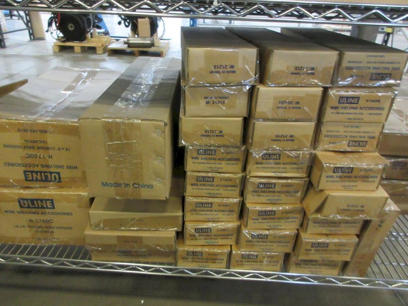 Uline Rolling Metal Wire Cart with Contents Including, Shelving Accessories, Anti-Fatigue Mats, Wall Storage Supplies and MORE!- Auction Item