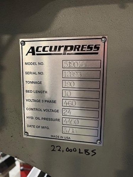 190 TON ACCURPRESS MDL. #519010 PRESS BRAKE