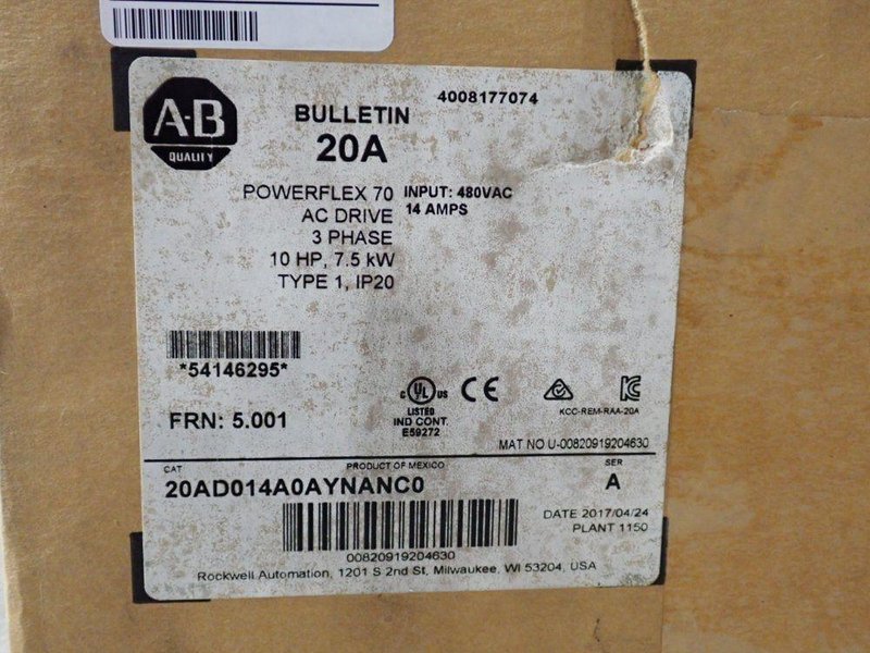 ALLEN BRADLEY 10 HP SERIES A POWERFLEX70  -  20AD014A0AYNANC0