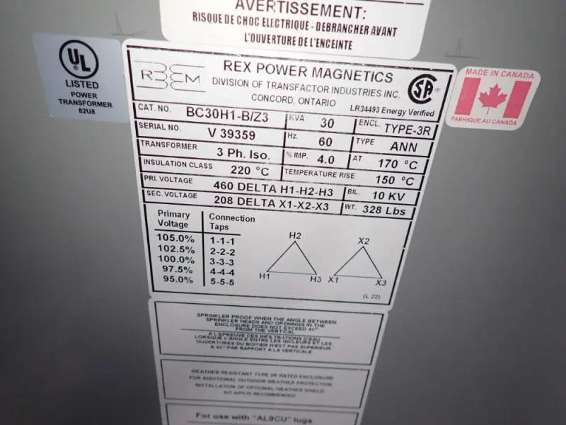 REX 30 KVA TRANSFORMER  -  BC30H1-B/Z3