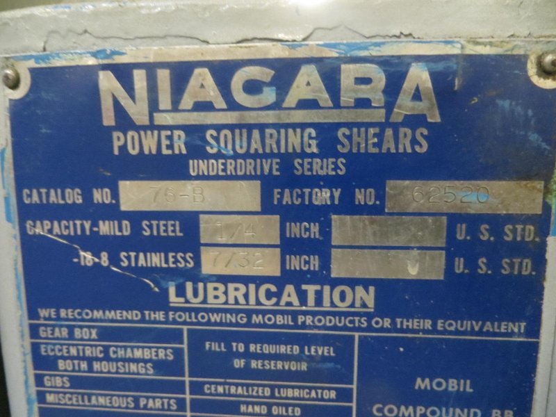 Niagara Model 76B 1/4 Power Squaring Shear with  5&#039; Squaring Arm and 2-Front Sheet Supports- Auction Item