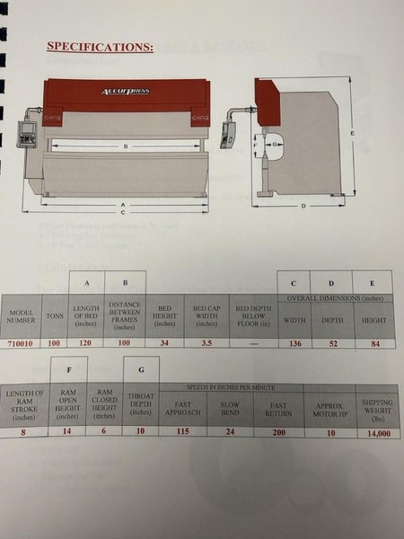 100 Ton x 10′ Accurpress 710010 Press Brake, 2016 – Advantage Package