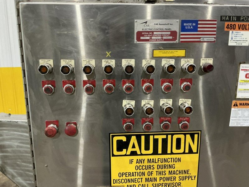 24" WIDE x 8" HIGH CAE RANSOHOFF 4-STAGE STAINLESS STEEL BELT CONVEYOR PARTS WASHER, WITH RUST INHIBITOR APPLICATION: YOBRO #25378