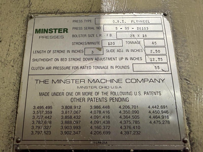 45 TON MINSTER MODEL #5 OBI STAMPING PRESS, 3" STROKE &amp; 120 SPM : YOBRO #25762