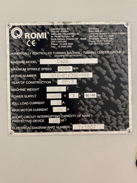 17" X 39" ROMI MODEL #C420 CNC TEACH ENGINE LATHE, NEW 2013: STOCK #14423