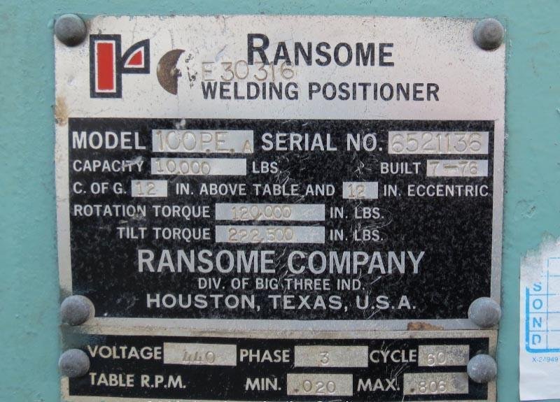 10,000 LBS RANSOME MODEL #100 WELDING POSITIONER: STOCK #69717