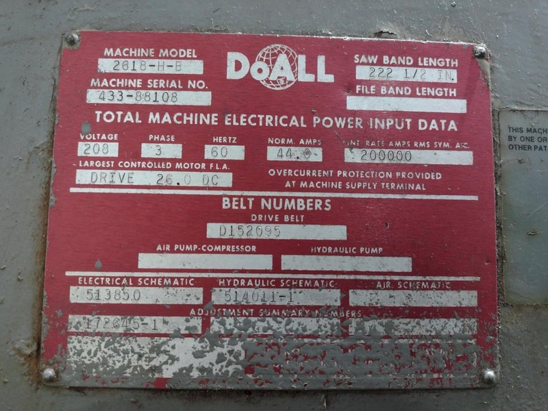 26" X 144" DOALL MODEL #2618-H-B HEAVY DUTY VERTICAL PLATE SAW: STOCK #19606