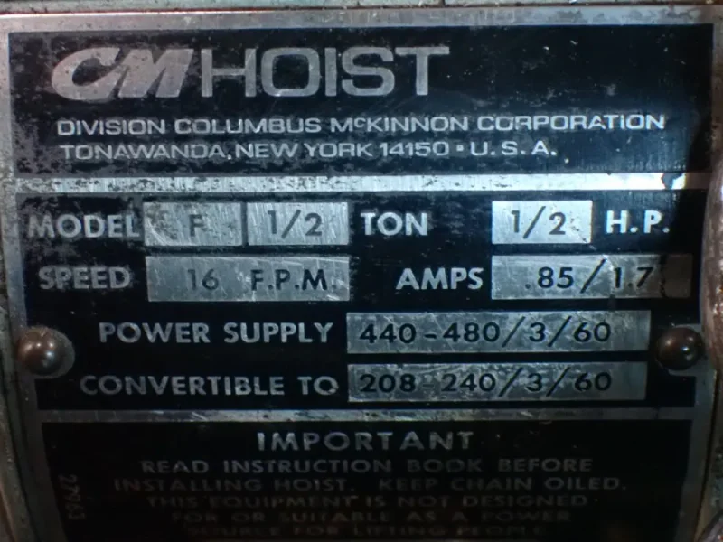 CM HOIST 16 FPM 1/2HP ELECTRIC CHAIN HOIST  -  MODEL F