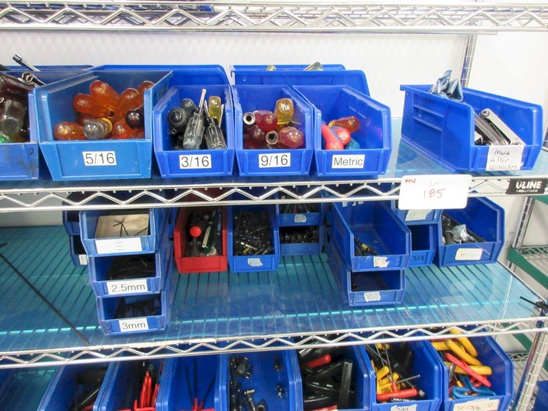 Hand Tools, Large Assortment including Sockets, Driver Head, T-Handle Allen Wrenches and MORE on Uline 6-Shelf 72" x 18" x 78" Metal Wire Rolling Cart- Auction Item