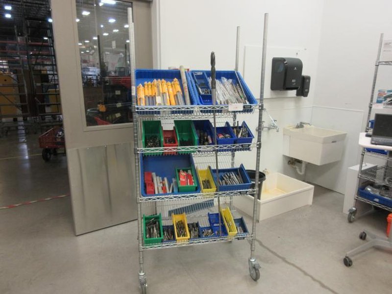 Drills, Large Assortment including, Hammer Drills, Reamers, Counter Sinks Taps On MORE on Uline 4-Shelf 36" x 24" x 78" Metal Wire Rolling Cart- Auction Item