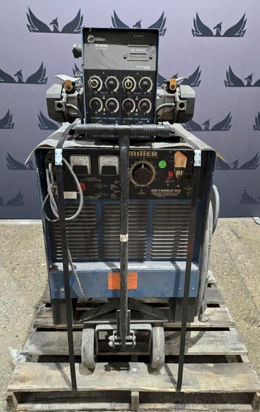 MILLER DELTAWELD 450 ARC WELDER WITH WIRE FEEDER AND CART USED